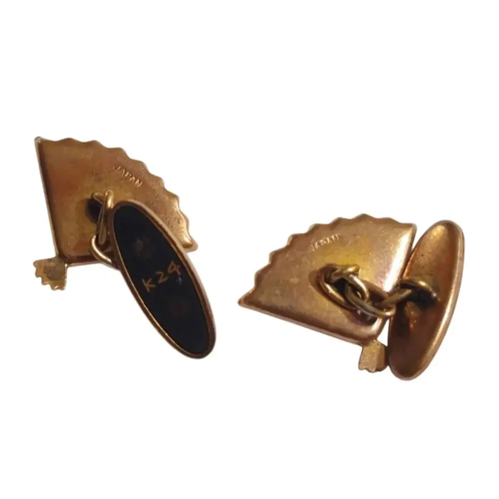 Vintage Japanese Damascene K24 Gold Inlay Fan Cufflinks MT FUJI marked JAPAN